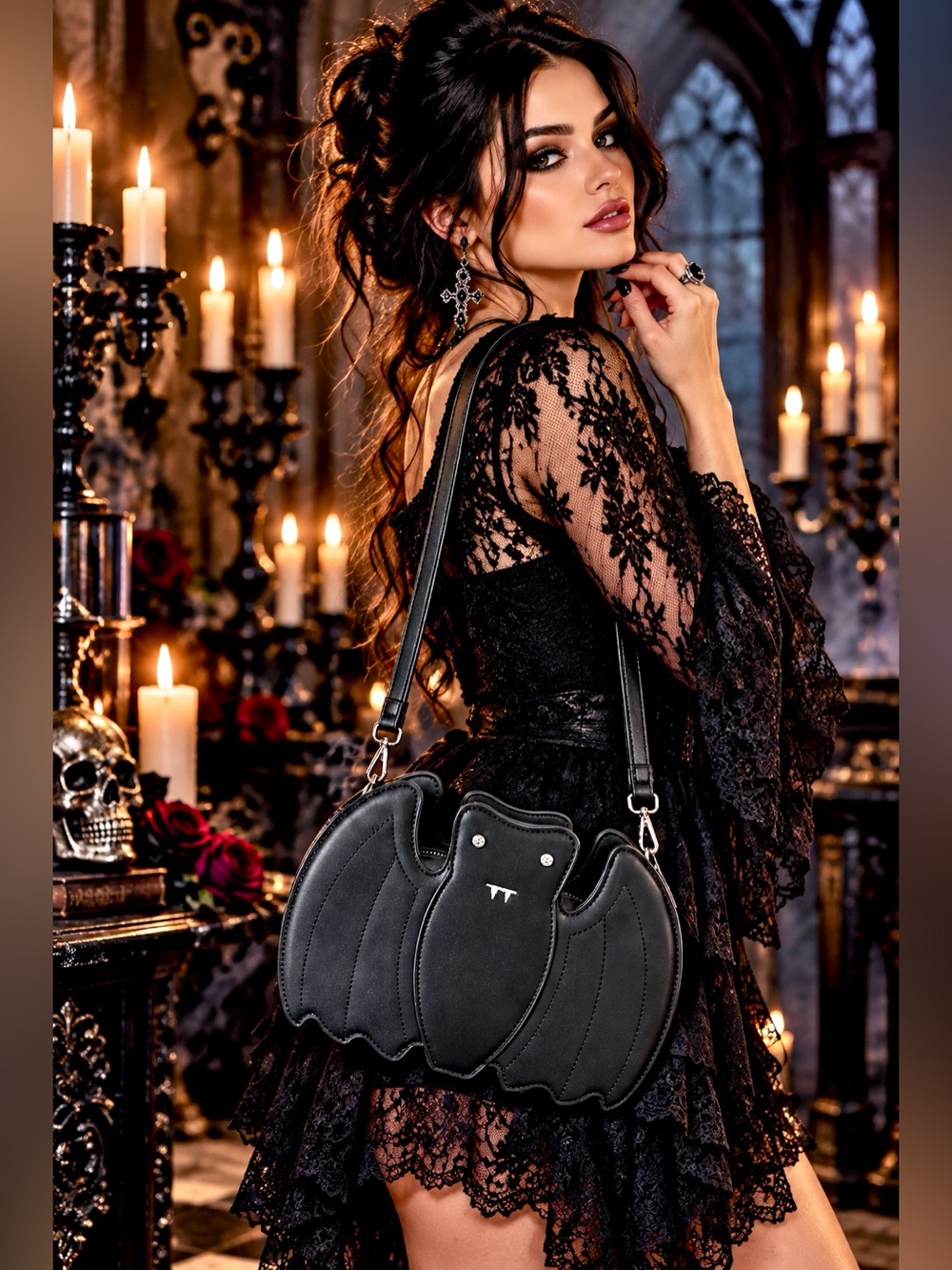 Black Bat Crossbody Bag Gothic Halloween Purse Crystal Eyes Spooky Novelty